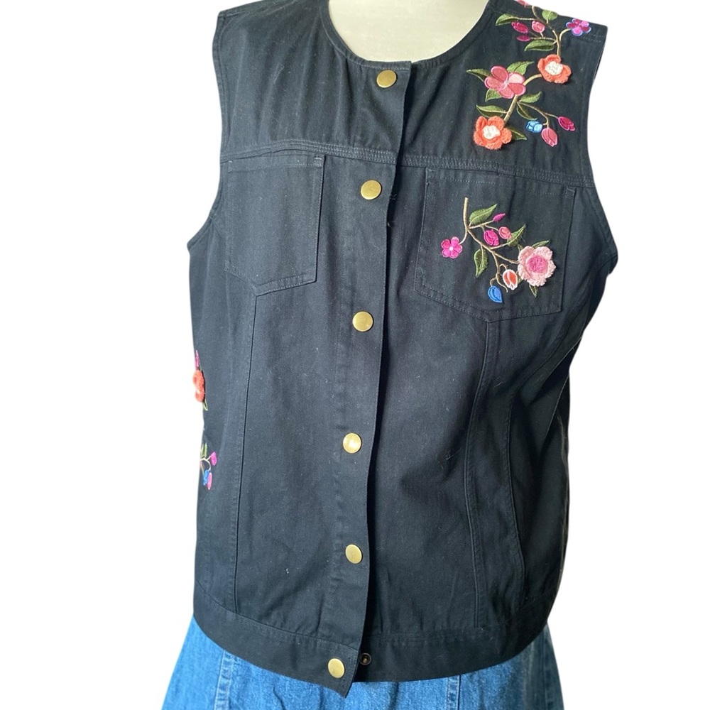 Plus Size 14W Fall/winter Cotton Black Floral Embroidery Denim Vest Jean Vest
